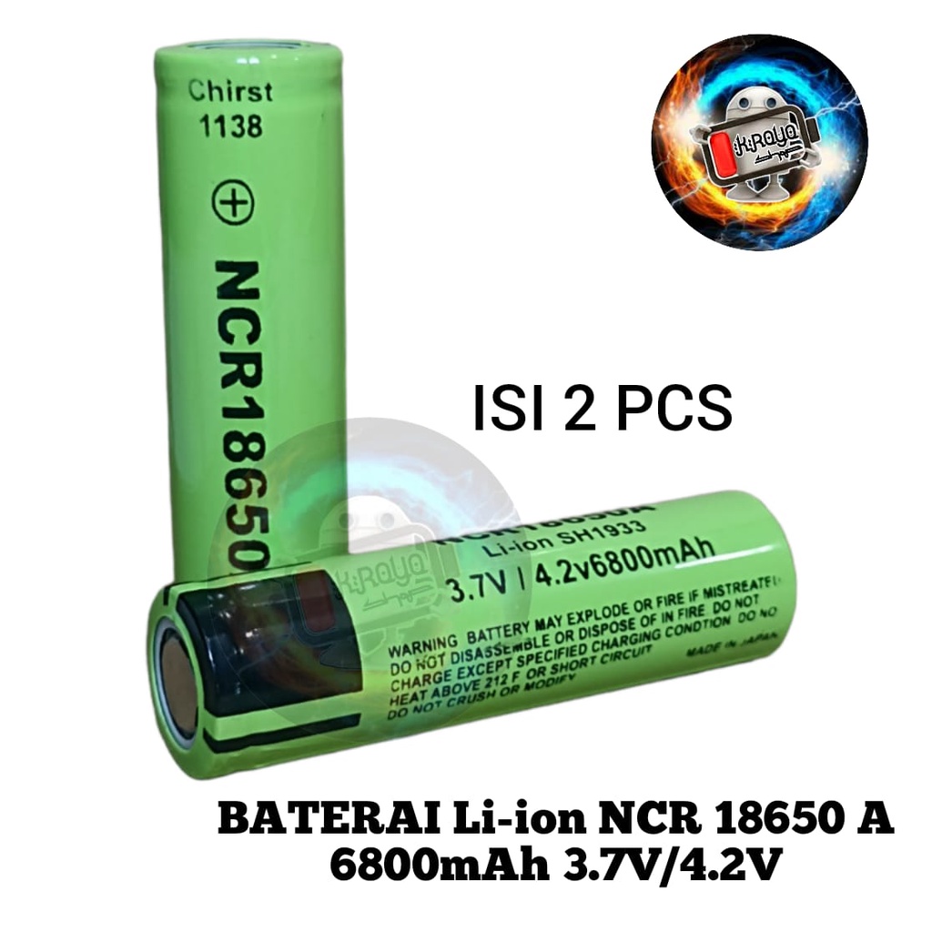 Baterai NCR 18650 Li-ion 3.7v/4.2v - 6800mAh Warna Hijau Plus Ceper Paket Isi 2pcs