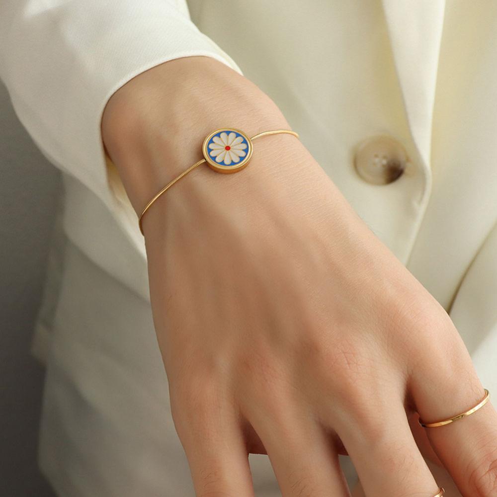 Timekey Fashion Vintage Enamel Daisy Kecil Gelang Desain Bunga Rasa Tarik Kepribadian Yang Dapat Disesuaikan Wanita Kreatif Gelang D9U6