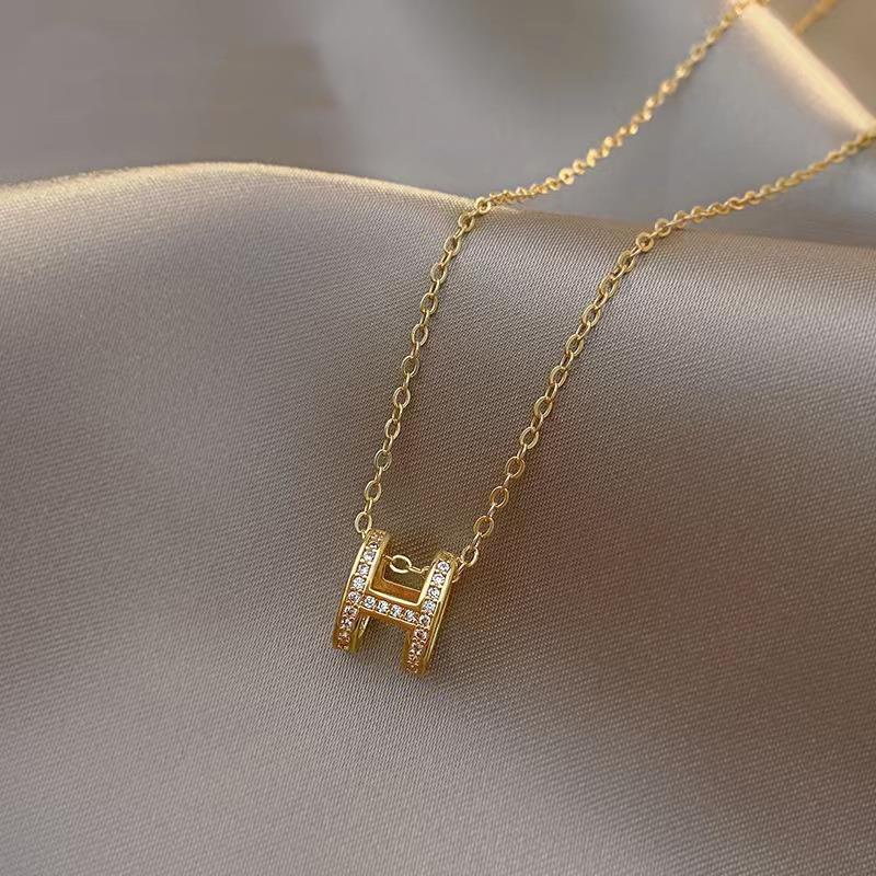 Huruf H Korea Gaya Berlian Kristal Liontin Rantai S925 Sterling Perak Emas Baja Titanium Wanita Fashion Perhiasan Elegan Choker Kalung Necklace