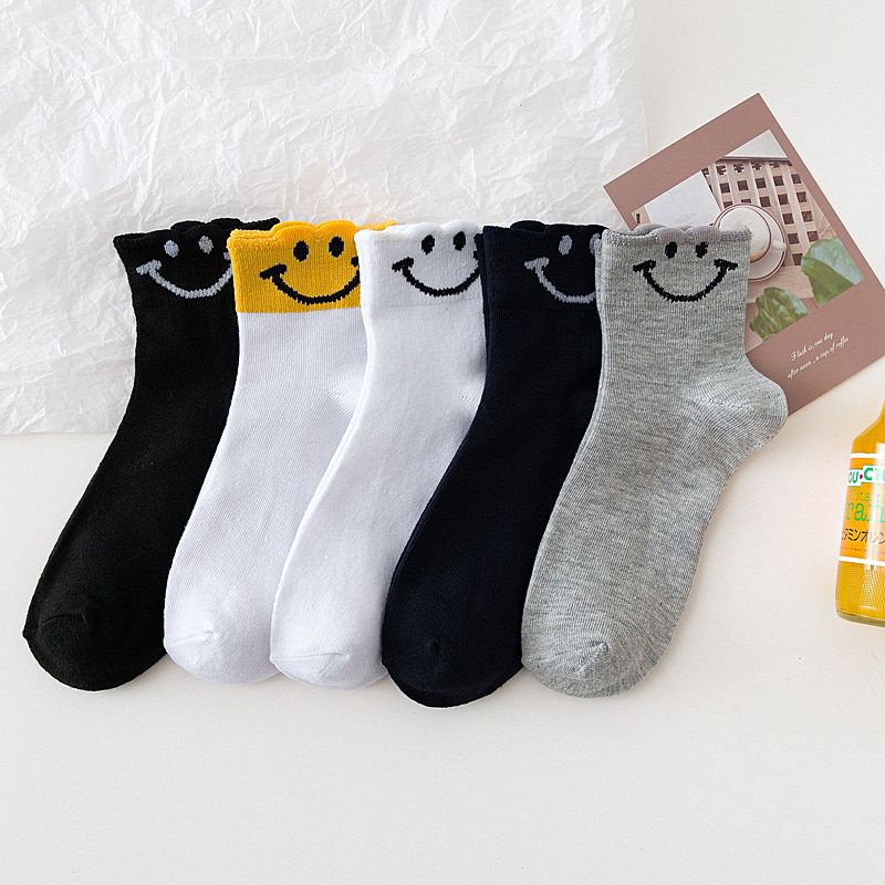 [littlecrab] Kaos Kaki Smile Hitam Putih Kuning Senyum Import Sock Smiley Simple Polos Tebal High Quality Korean Style