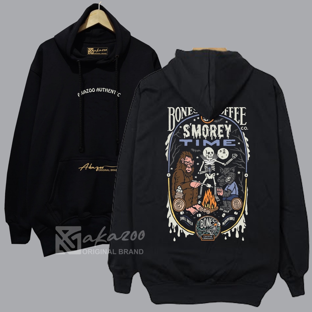 sweater pria distro trend kekinian 2023 akazoo BONES COFFEE SMOREY TIME gambar blakang sablon saku gold hoodie cowok terbaru