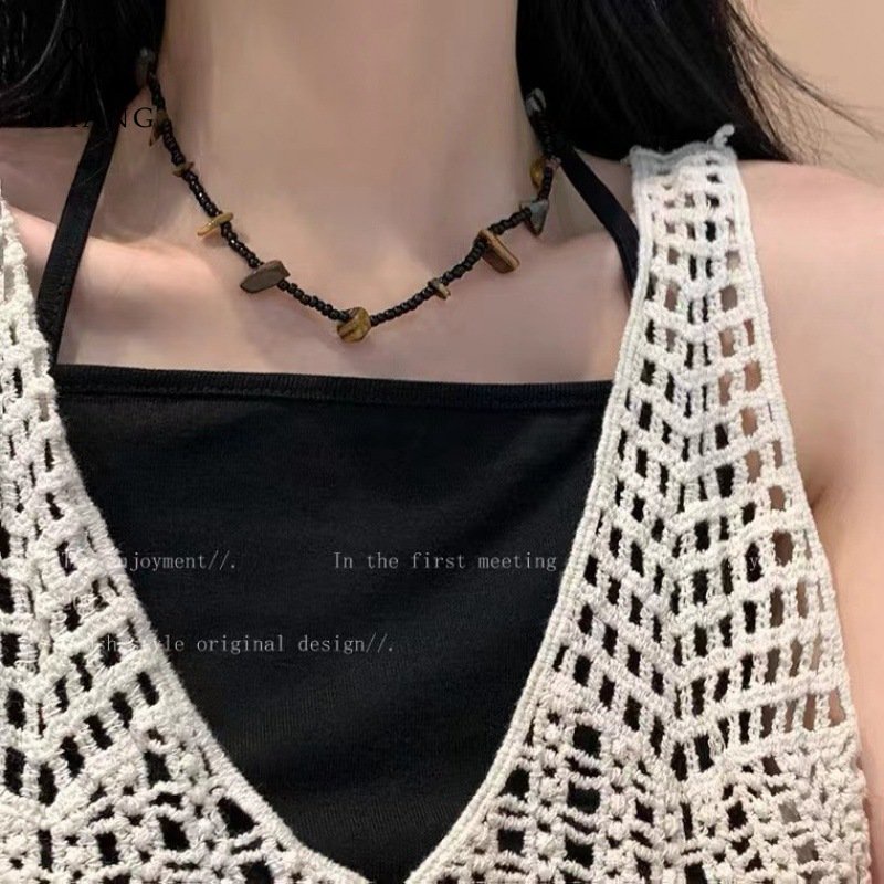 Gaya Nasional Tidak Teratur Batu Alam Manik-Manik Kalung Vintage Fashion Hitam Anyaman Cord Klavikula Rantai Wanita Kalung Pendek