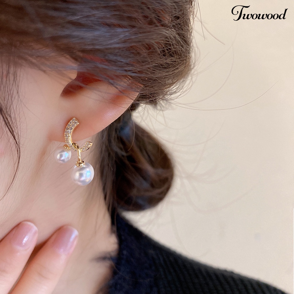 Twowood 1pasang Stud Earrings Dual Faux Pearls Dainty Golden Bling Berlian Imitasi Wanita Drop Earrings Fashion Perhiasan