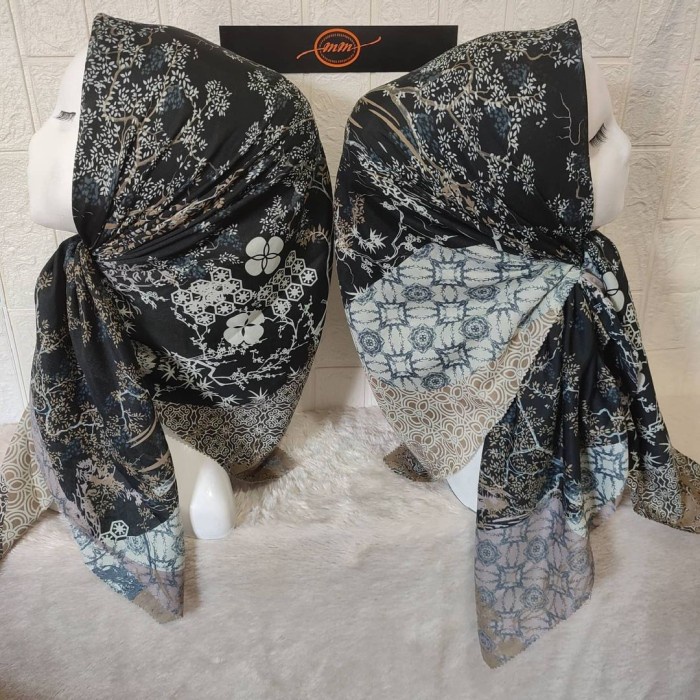 JM HIJAB SEGI EMPAT VOAL MOTIF BUNGA AKAR HITAM KERUDUNG JILBAB MURAH