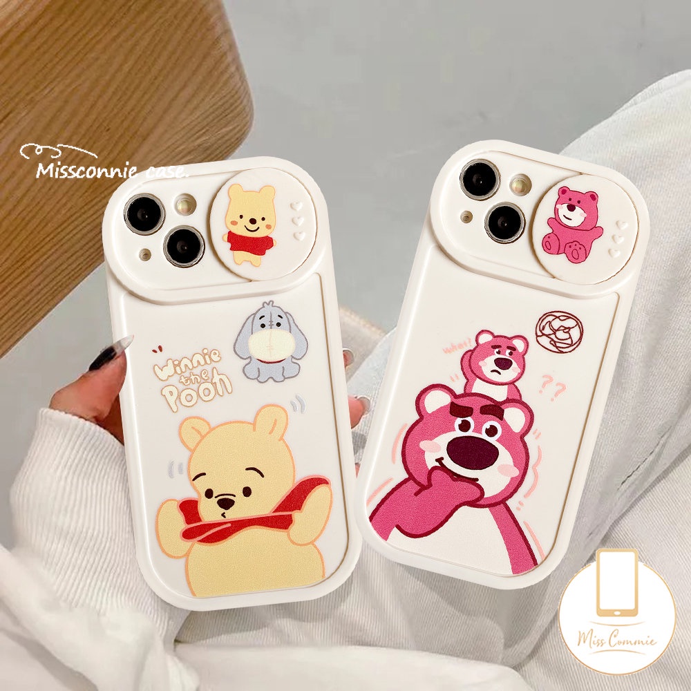 IPHONE Kartun Lucu Strawberry Bear Manyo Case Kompatibel Untuk Iphone11 7Plus XR X13 11 12 Pro Max 8Plus XS Max Push Pull Window Pelindung Lensa Kamera Winnie The Pooh Soft Cover