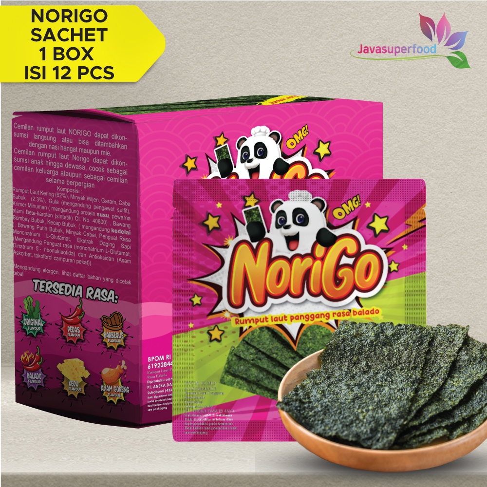

[Halal] Norigo Balado (1 BOX ISI 12 PCS) / Nori Sachet Seaweed Snack 3g Rumput Laut Halal Rasa Balado