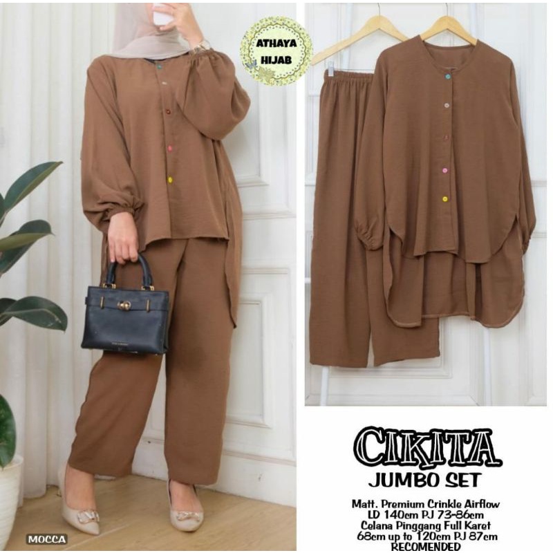 Baju Setelan Wanita Cikita Jumbo Set Airflow LD 140 One Set Jumbo Wanita Busui Kancing Depan Model T