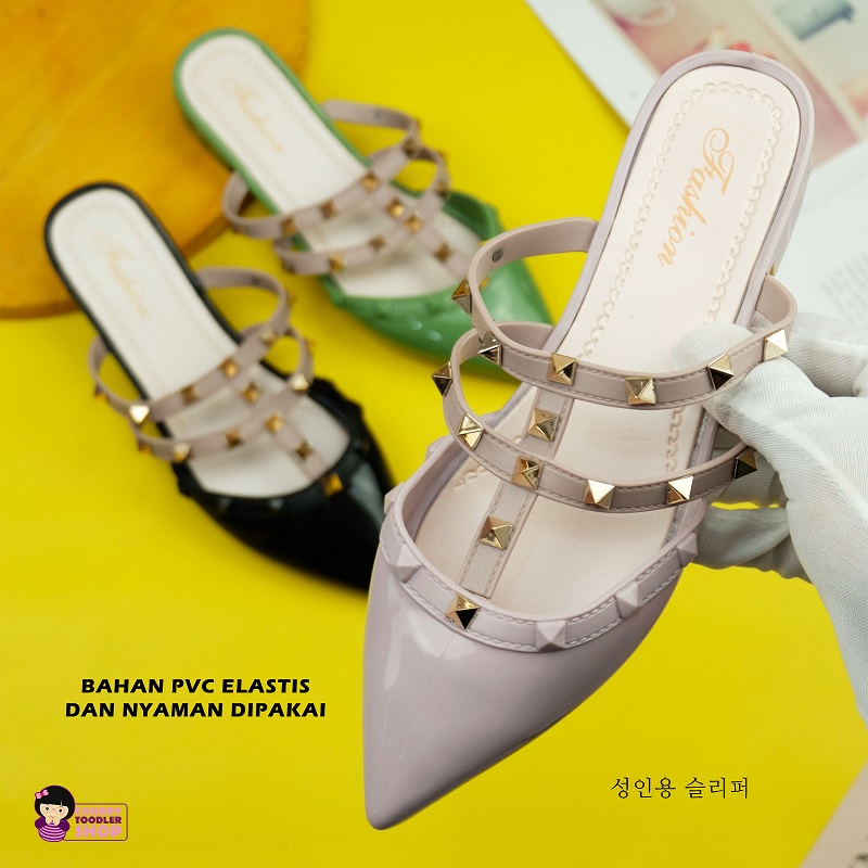 Minipetite SD2222 Sepatu Sendal Wanita Import Sepatu Sandal Remaja Flatshoes Lancip 36-40 Mules Heels Glossy