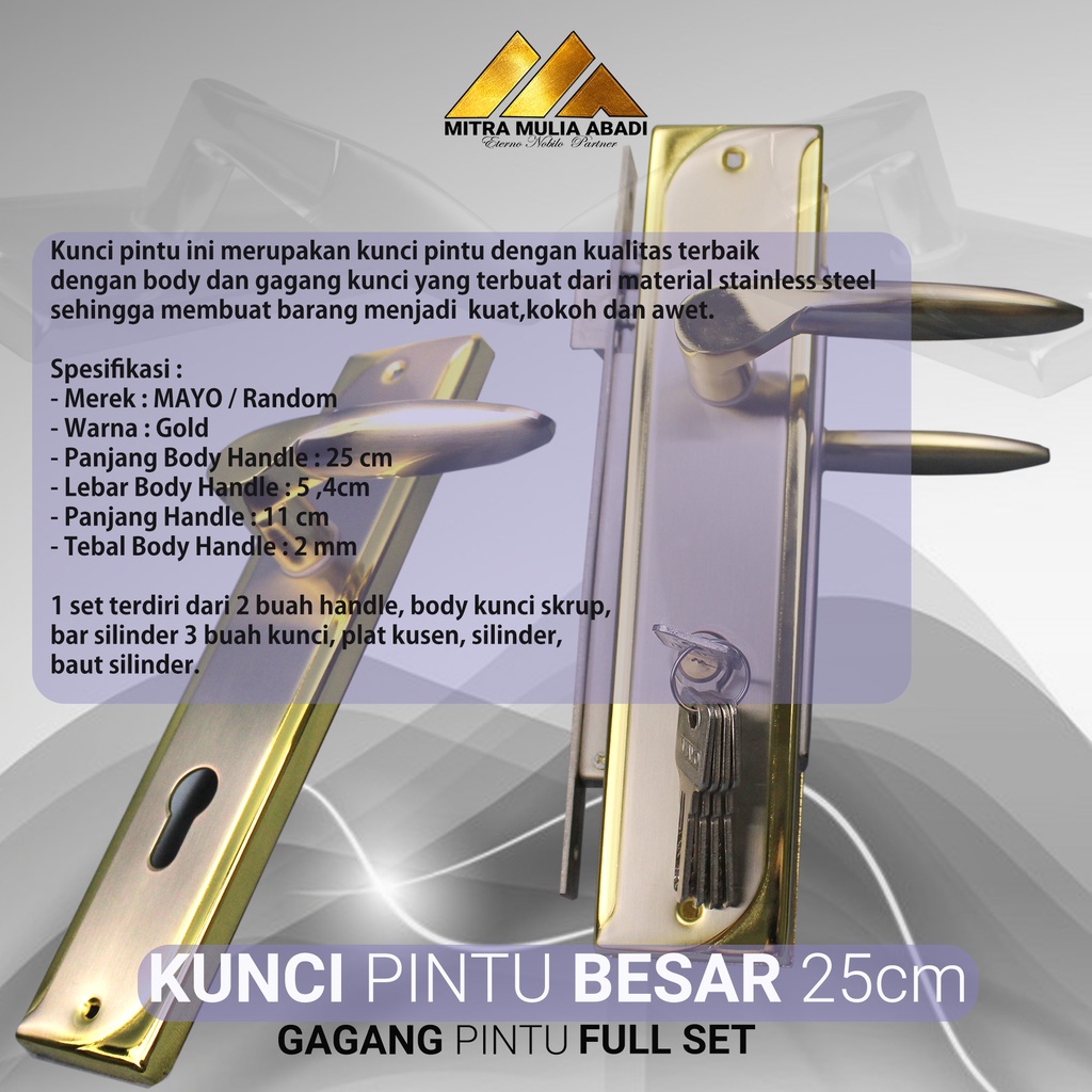 Kunci Pintu Besar 25cm Premium Stainless Steel Full Set Gagang Silinder Gold