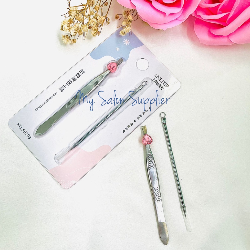 1 Set Pinset Stainless + Alat Pemencet Komedo / Acne Jarum A0103