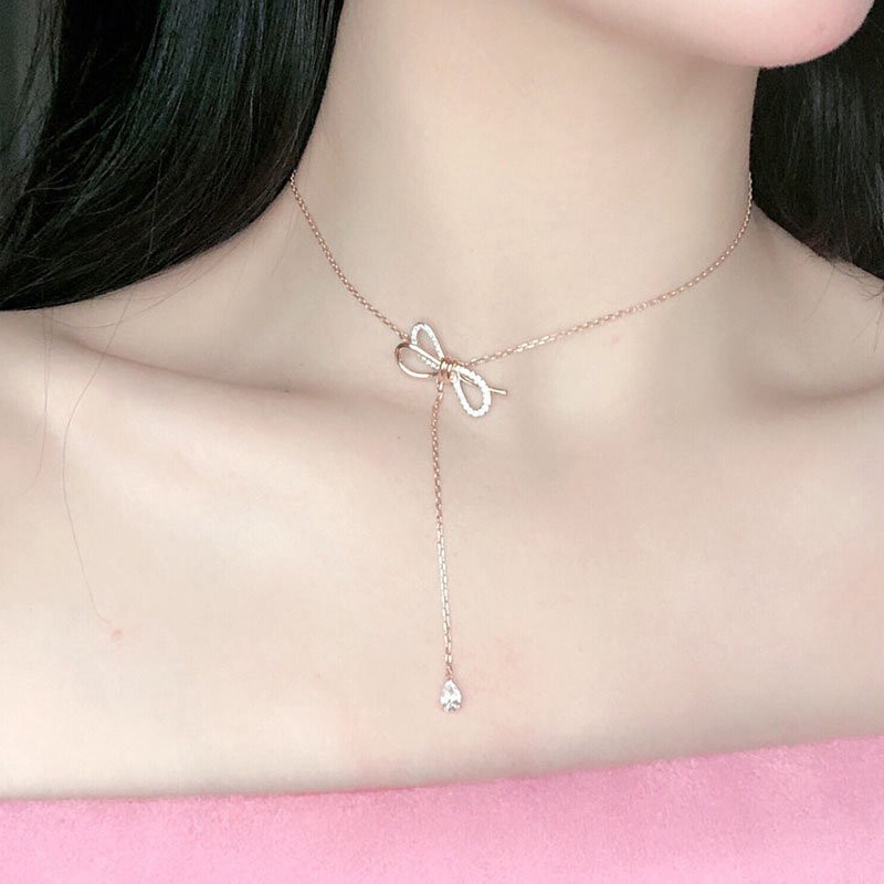 Kalung Rumbai Pendek Desain Pita Bahan Titanium Steel Anti Air Dan Keringat Warna Rose Gold Gaya Korea