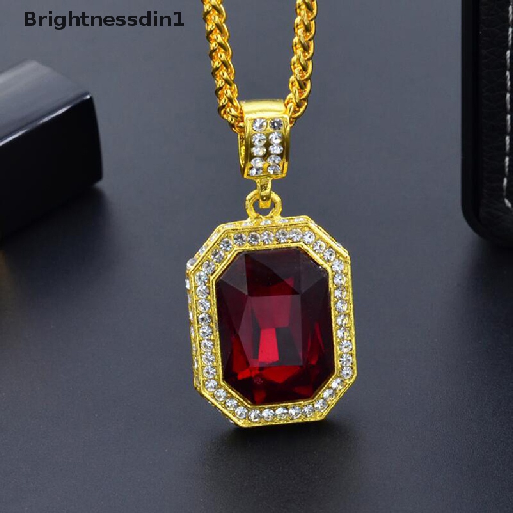 [Brightnessdin1] Bertatahkan Berlian Persegi Ruby Kalung Hip Hop Pria Liontin Batu Merah Liontin Vintage Perhiasan Kostum Aksesoris Butik