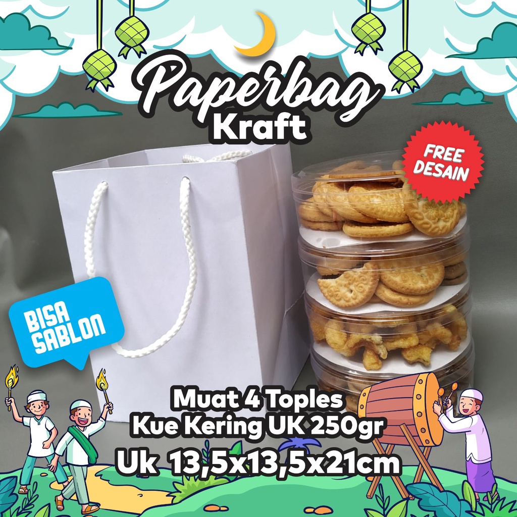 

Paperbag wadah toples bulat uk 250gr muat 4 toples, tas kertas paperbag wadah kue idul fitri, tas bingkisan lebaran idul fitri