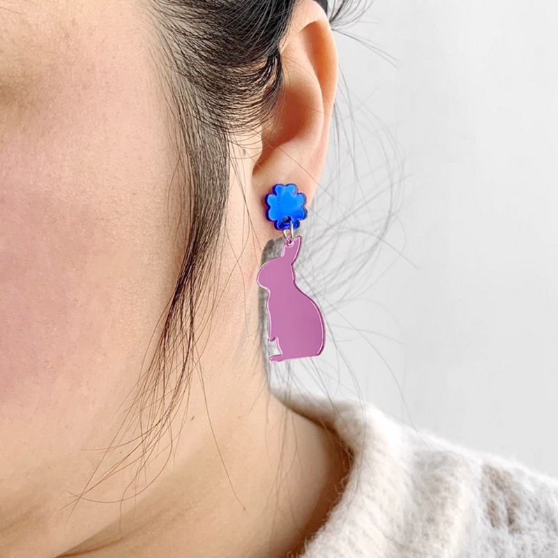 Kelinci Cermin Pink Kreatif Dengan Ukiran Laser Bunga Dan Telur Paskah Bahan Akrilik Berkilau Anting Stud Untuk Wanita