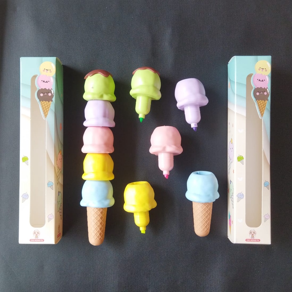 

Highlighter Ice Cream Susun isi 5 Pcs - stabilo warna warni pewarna penanda catatan alat tulis kantor kerja lucu unik bentuk makanan es krim dessert