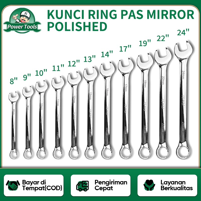 ISKU Kunci Ring Pas 8-24mm Konci Kombinasi Wrench CR-V Steel Spanner Kunci Ring Pas Mirror Polished Multipurpose Alat Perkakas Motor Mobil