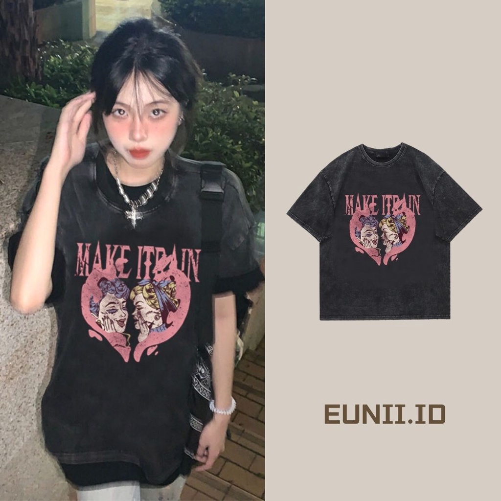 EUNII T-shirt Lengan Pendek Black Washed Retro Pink Angle Heart Printing Korean Style/Kaos Atasan Wanita/Baju Wanita/Kaos Wanita
