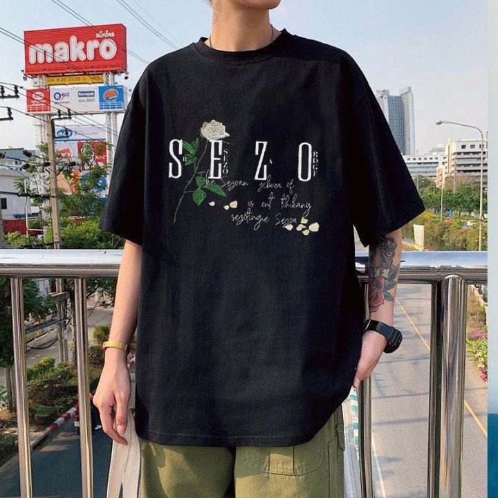 RDGF official shop kemeja leher bulat pola mawar putih 2023 versi Korea baru kaos kekinian kaos hitam oversize PRIA &amp; WANITA (UNISEX)