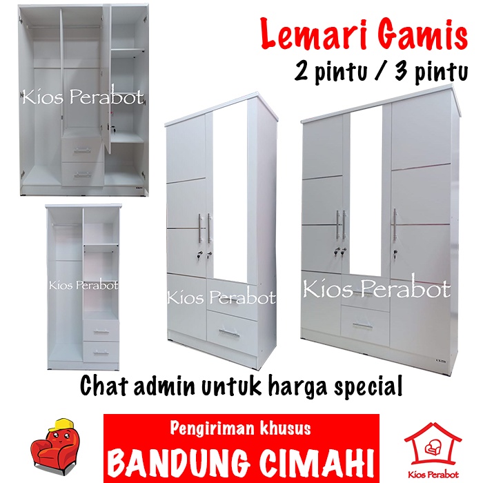 Lemari pakaian FULL PUTIH dengan gantungan untuk gamis / long dress kaca panjang 2 laci lemari gamis