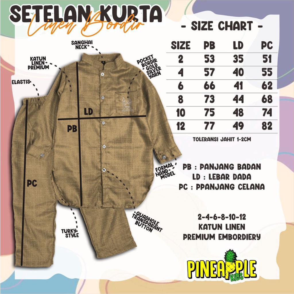 Setelan Baju Kurta Koko Kemeja Anak Laki Linen Bordir 1-11 Tahun