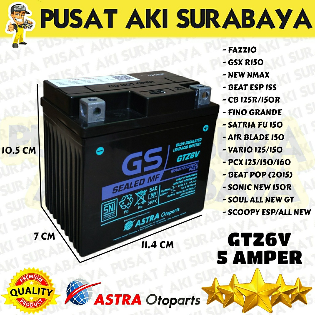 PUSAT AKI SURABAYA GS ASTRA GTZ6V ORIGINAL ACCU PABRIK AKI KERING SEPEDA MOTOR HONDA VARIO SCOOPY SATRIA FU CBR R25 MTZ6S YTZ6V GTZ7S