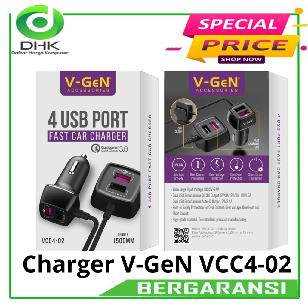 Car Charger V-GeN VCC4-02 Fast Charging QC3.0 Charger Mobil VGEN