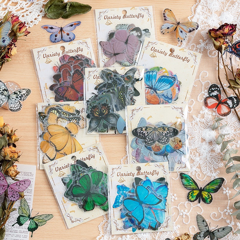 40pcs / pack Butterfly Ledger Sticker PET Waterproof Laptop DIY Decorative Vintage Scrapbook Sticker