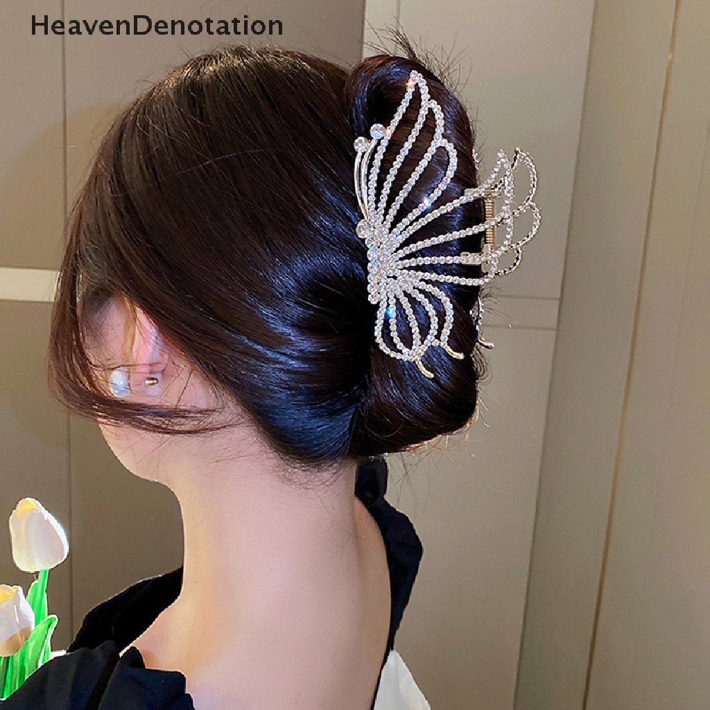 [HeavenDenotation] Vintage Hollow Butterfly Berlian Imitasi Claw Clip Besar Hair Grab Clip Untuk Wanita HDV