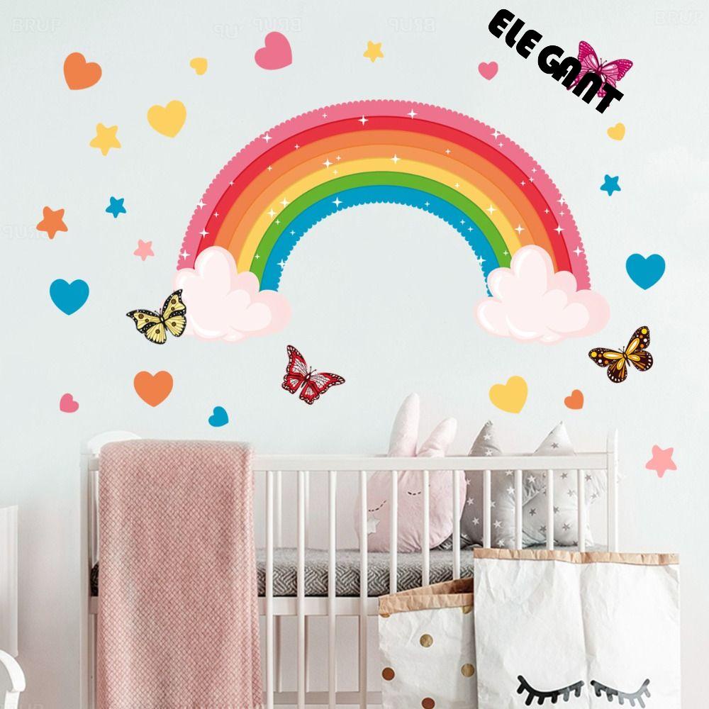 [Elegan] Pelangi Stiker Dinding Tahan Air Removable Hand-painted Art Mural Self-adhesive Tahan Air Untuk Anak-Anak Perempuan Kamar Tidur Latar Belakang Dekorasi Dinding Kupu-Kupu Stiker