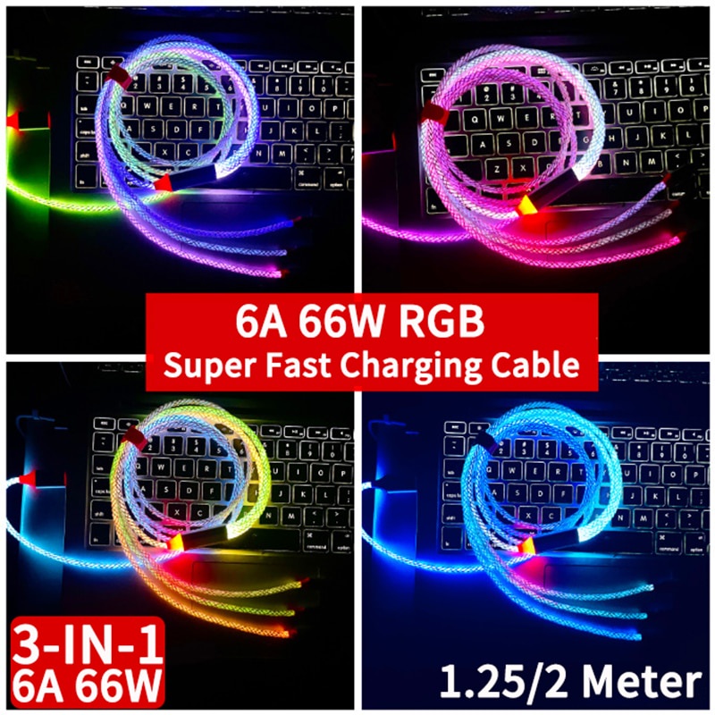 3in1 RGB 6A 66W Kabel Pengisian Super Cepat Micro USB Tipe-C Charger Cable Flow Cool Colorful Glow Data Line Untuk iPhone Android