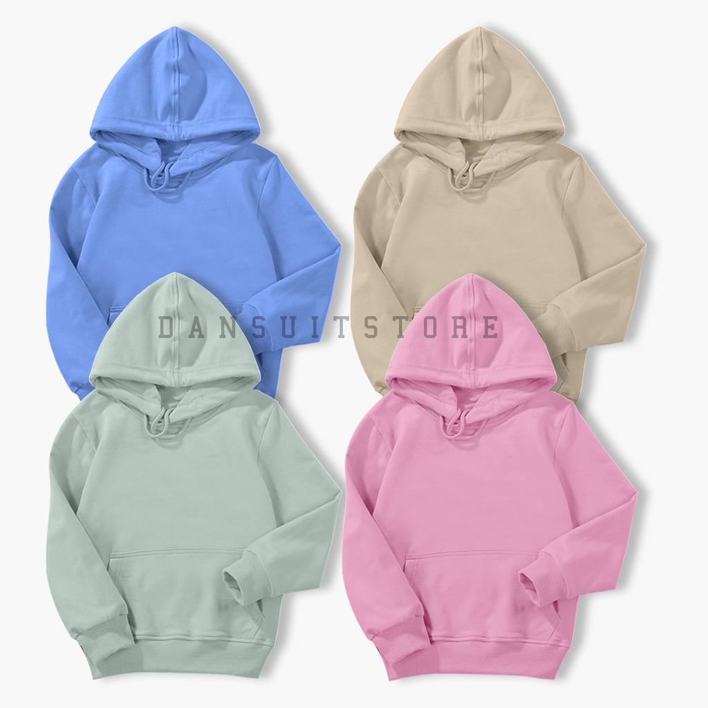 Hoodie Polos Anak Laki-laki/Perempuan Usia 4-13 Tahun Bahan Fleece Tebal Warna Pastel Soft