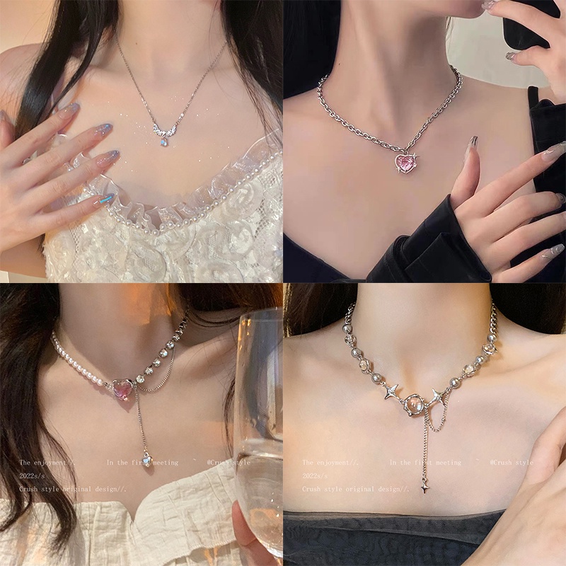 Fashion Batu Permata Perak Kalung Untuk Wanita Tulip Hati Choker Necklace Y2K Perhiasan Aksesoris