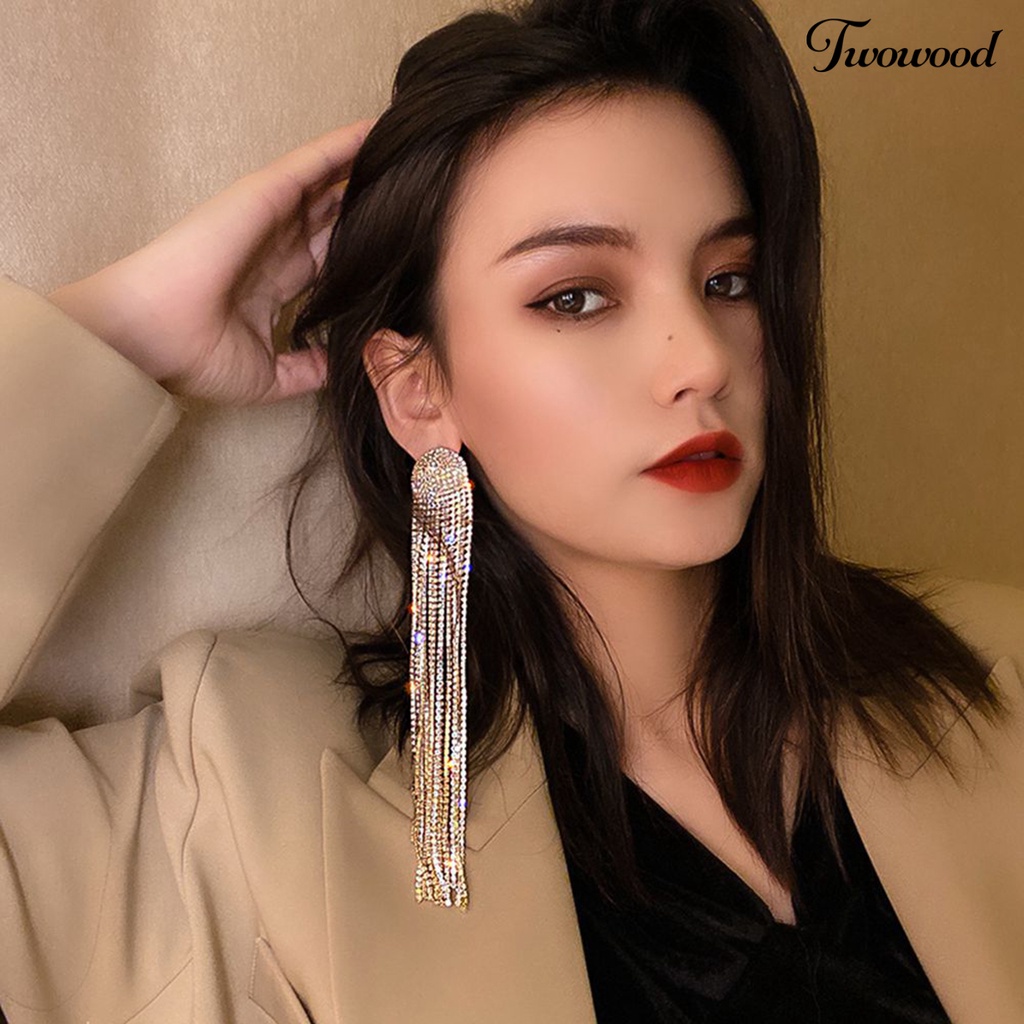 Twowood 1pasang Drop Earrings Shiny Panjang Rumbai Penuh Berlian Imitasi Temperamen Berkilau Berdandan Hadiah Wanita Menjuntai Anting Pesona Perhiasan Aksesori Busana