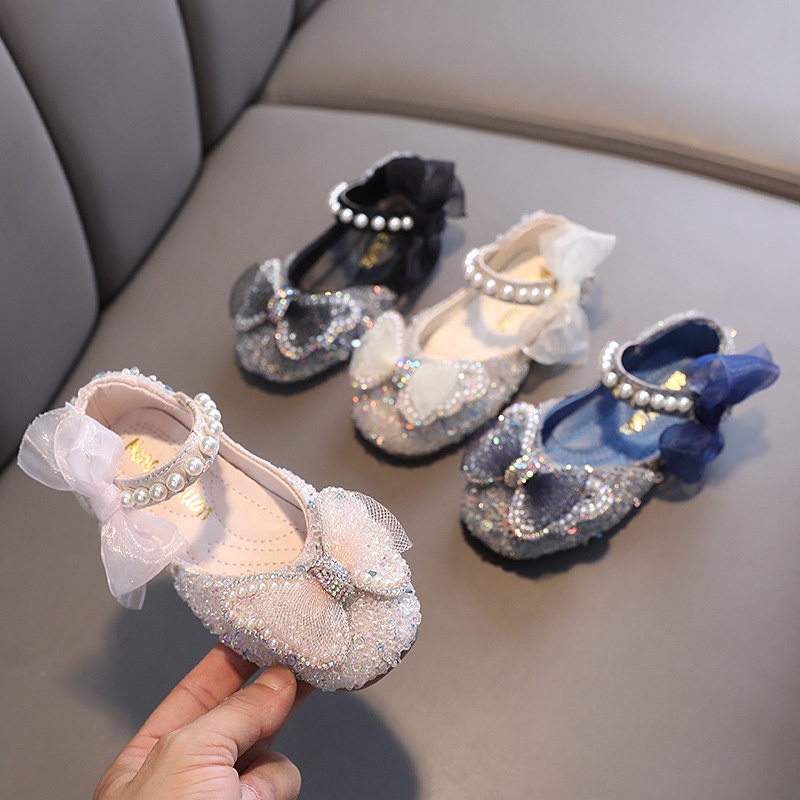 SH21-Sepatu Pesta Anak Perempuan Flat Import Mutiara Blink Aksen Ikat Pita