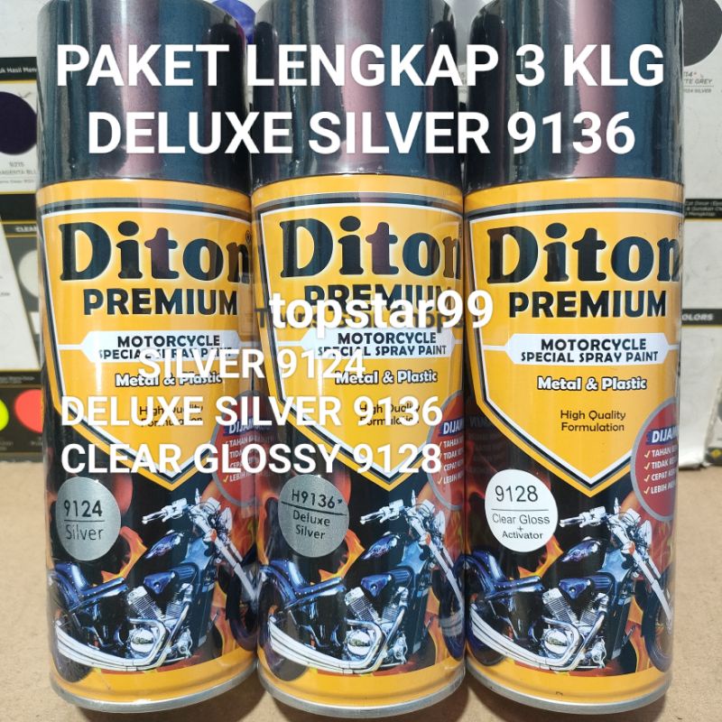 Diton Premium Paket Lengkap 3 Kaleng 400cc Deluxe Silver 9136 Silver 9124 Clear Glossy 9128 Pilox Pilok Cat Semprot Spray Paint