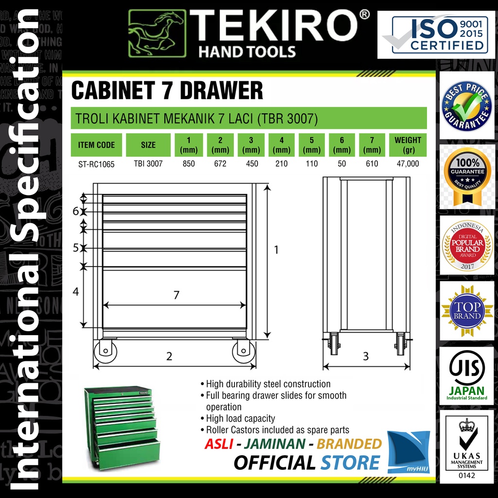 Tempat Menyimpan Kunci Mekanik 7 Laci + Roda / Kabinet Perkakas / Roller Cabinet 7 Drawer TEKIRO