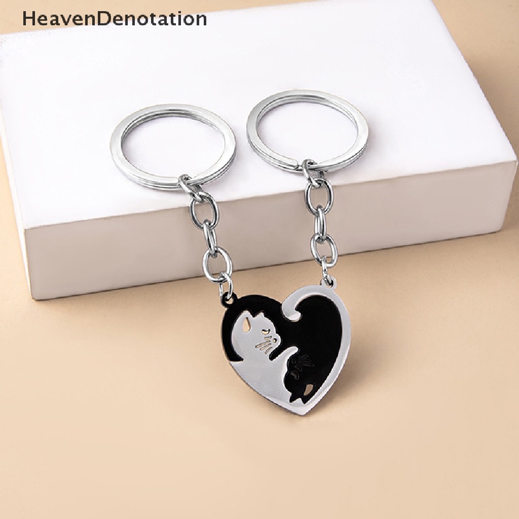 [HeavenDenotation] 1pasang Lucu Kucing Hitam Gantungan Kunci Patchwork Hati Bulat Pasangan Pecinta Keyring Stainless Steel Ransel Kunci Mobil Gantungan Perhiasan HDV