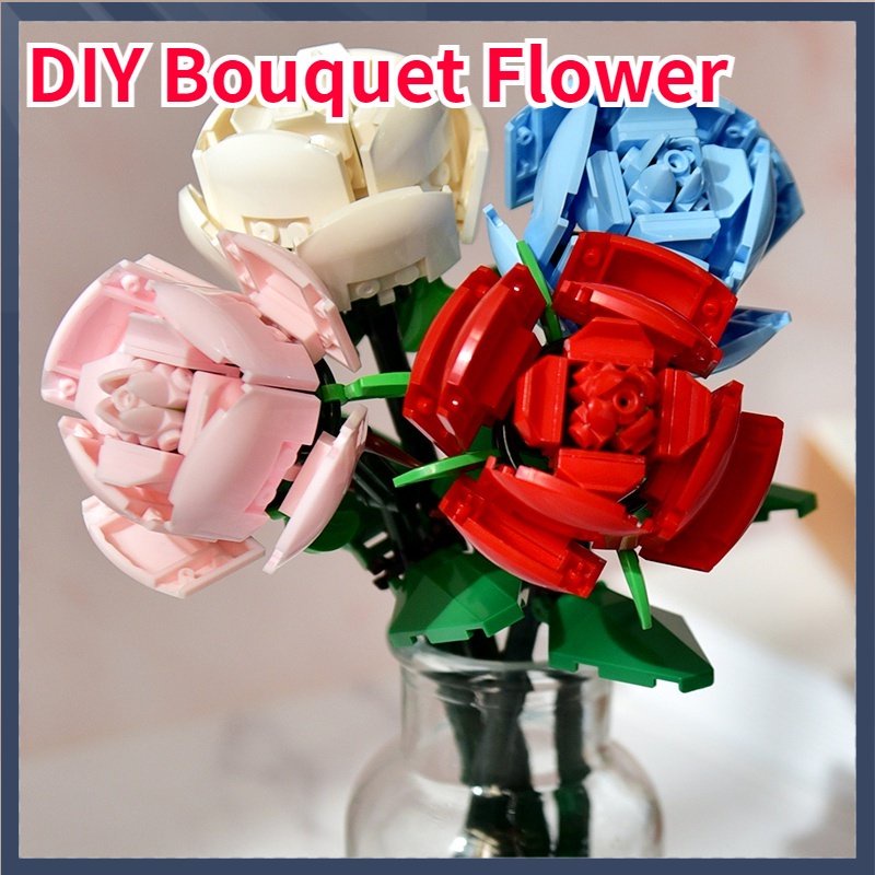 ️【COD】 Bunga Balok Mainan DIY Bouquet Flower Mainan Hadiah Mawar Merah Blok Bangunan Bunga