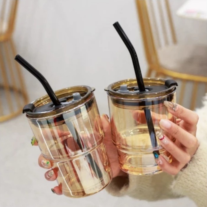 Tumbler Gelas Kaca Vintage Aesthetic Coffee Cup 400 Ml + Sedotan Kaca