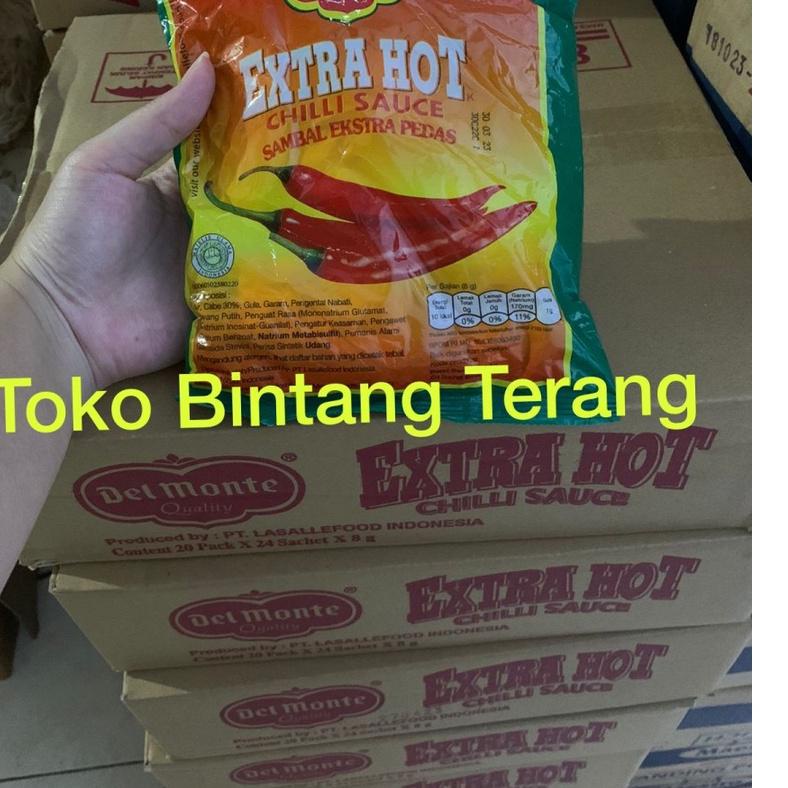

☎ Delmonte Saos Sambal Extra Hot Sachet Stick 1 Dus isi 20 pak x 24 stik ❃