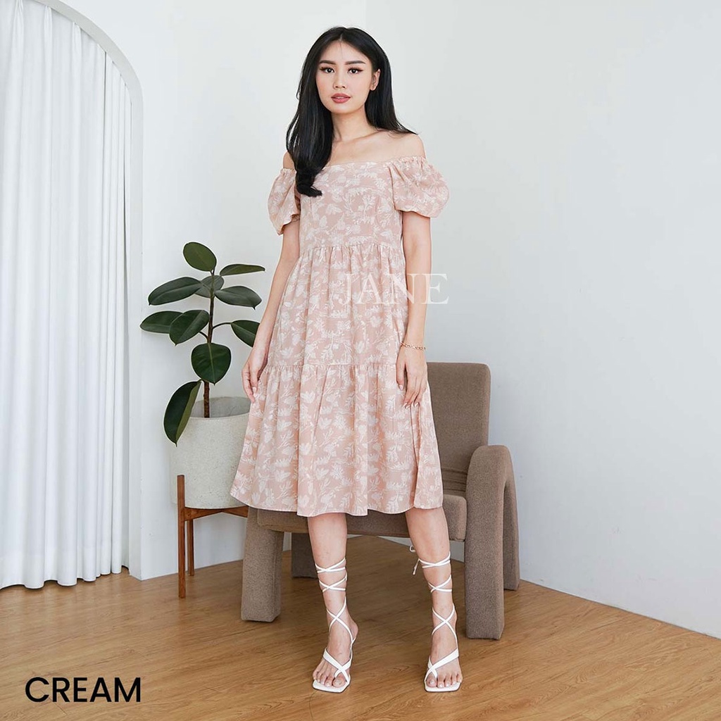 JANE COLLECTION || Midi Dress Wanita Hitam OOTD Bali Baju Pantai Casual Putih Lengan Balon Baju Hamil Dress Flowy Previta