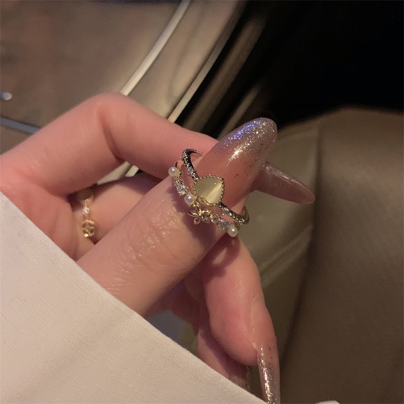 2 Pcs Fashion Opal Mutiara Cincin Untuk Wanita Mewah Zirkon Jari Cincin Perhiasan Aksesoris