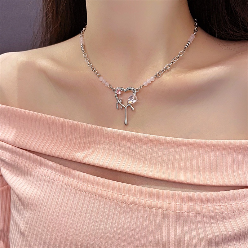 Kalung Zircon Pink Cupid Heart Choker Rantai Silver Untuk Aksesoris Perhiasan Wanita