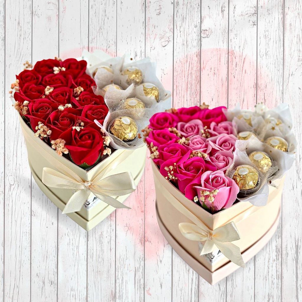 ESMGIFTS - CHARM OF LOVE - Bloom Flower Ferrero Box/ Soap Flowers Ferrero Bouquet/ Baby Breath/ Buke