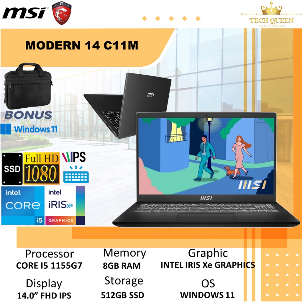 MSI Modern 14 I5 Gen 11 8GB 512SSD IRISXE Windows 11 14.0 Inchi FHD IPS