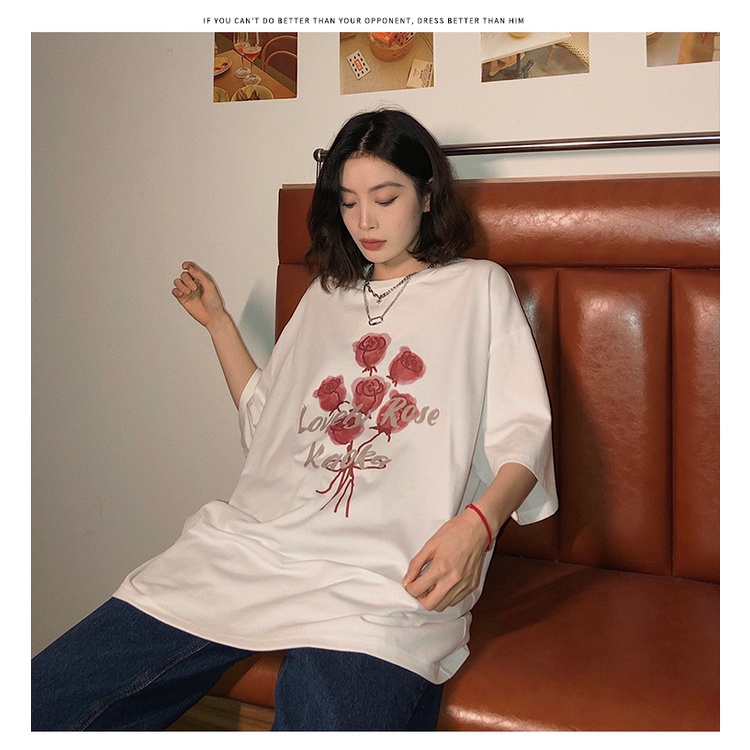 American Retro Rose Motif Printed T-shirt Lengan Pendek Oversize Kekinian Basic Kaos Hitam Wanita