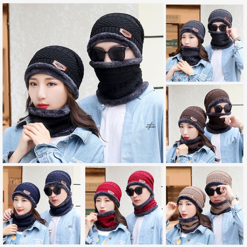 Set Topi Kupluk + Syal Rajut Hangat Pria / Wanita untuk Winter Musim Dingin