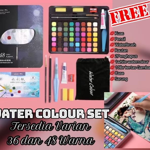 

code1x1Wl AZ 36/48 Watercolour Set - Alat Cat Air Set Water Color (Termasuk Kuas dan Kertas Gambar) Import Dapat Case dan Sarung High Grade