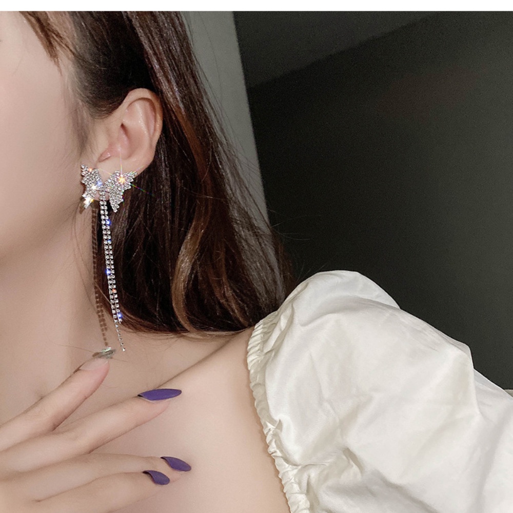 Deartiara Kupu-Kupu Flash Berlian Rumbai Anting Rantai Tulang Selangka Set Fashion Penuh Berlian Pernikahan Makan Aksesoris