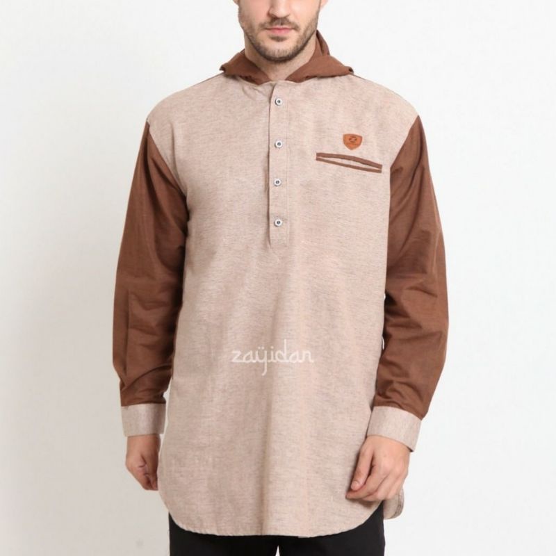 Baju Muslim Kurta Pakistan Zayidan Zafri Hoodie Lengan Panjang Warna Krem